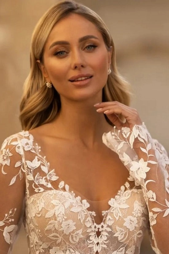 Long Sleeve Illusion Deep V-Neck 3D Floral Leaf Lace A-Line Wedding Dress Deep V-Back Cathedral Train