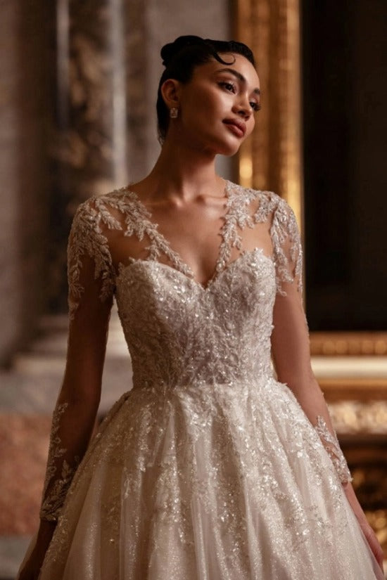 Long Sleeve Illusion Deep V Sweetheart Gold Leaf Embroidery Glitter Tulle Ball Gown Wedding Dress Cathedral Train Champagne