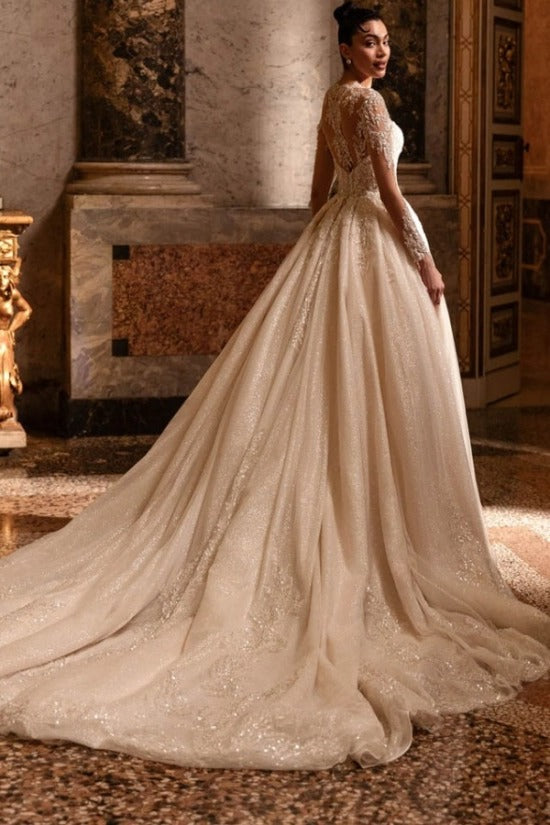 Long Sleeve Illusion Deep V Sweetheart Gold Leaf Embroidery Glitter Tulle Ball Gown Wedding Dress Cathedral Train Champagne