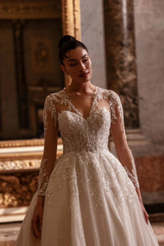 Long Sleeve Illusion Deep V Sweetheart Gold Leaf Embroidery Glitter Tulle Ball Gown Wedding Dress Cathedral Train Champagne