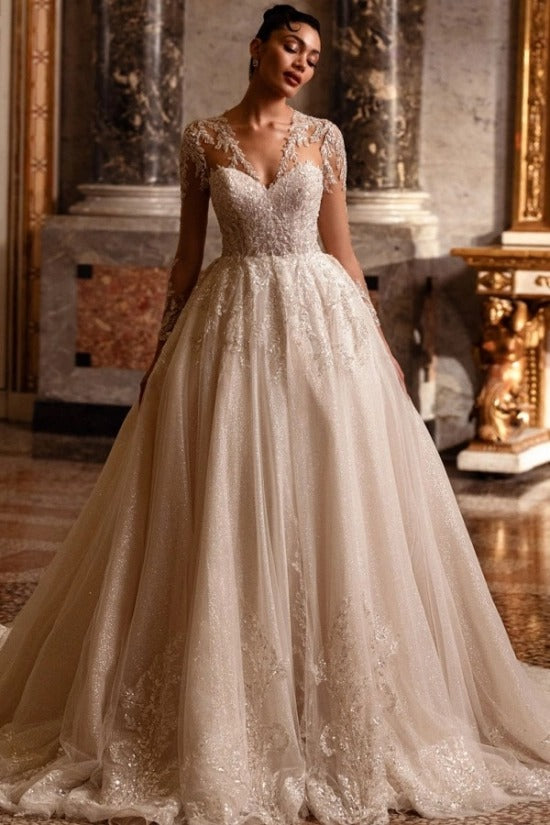 Long Sleeve Illusion Deep V Sweetheart Gold Leaf Embroidery Glitter Tulle Ball Gown Wedding Dress Cathedral Train Champagne