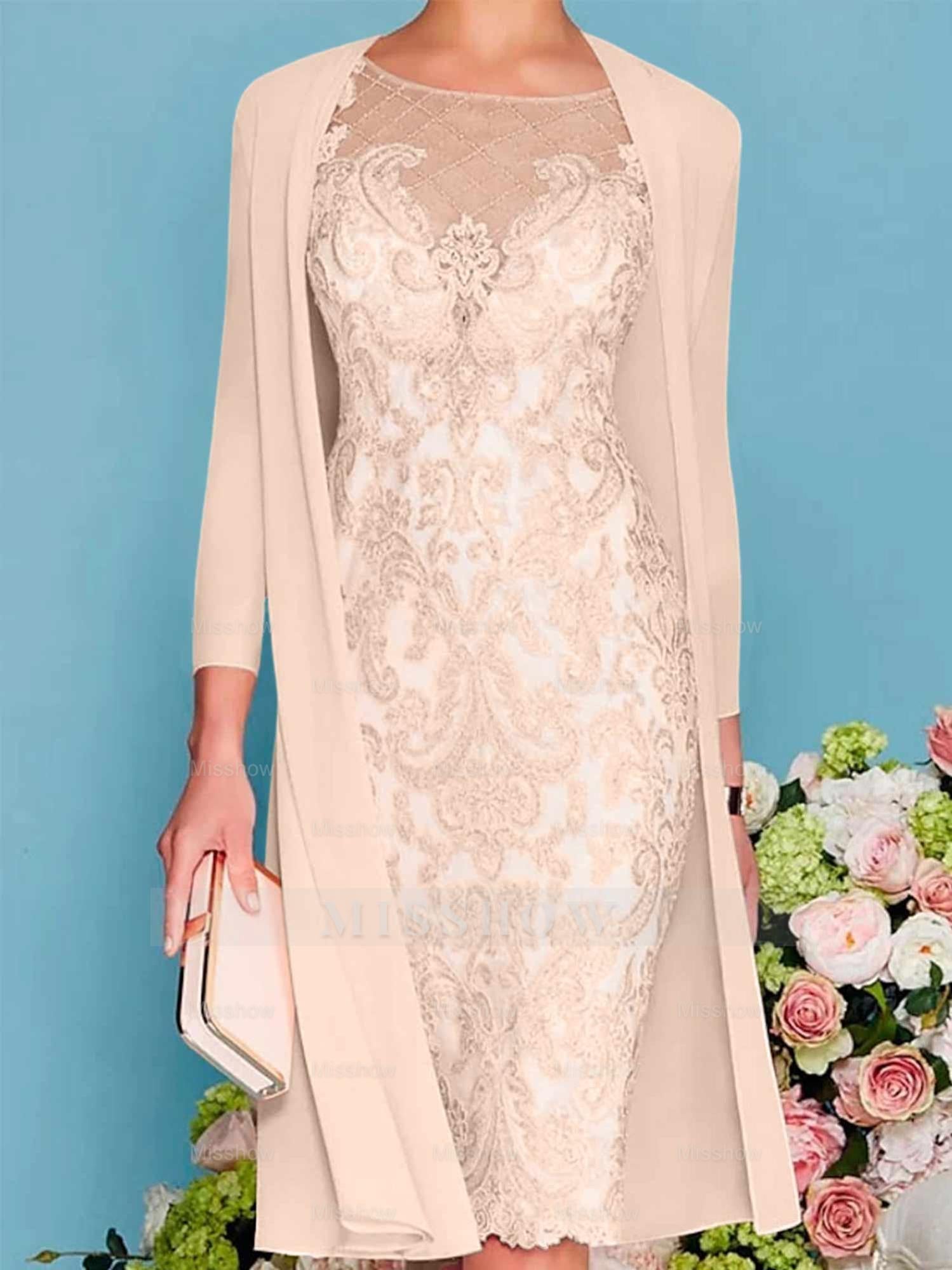 Long-Sleeve Knee-Length Sheath/Column Mother of the Bride Dress with Lace Beading Appliques