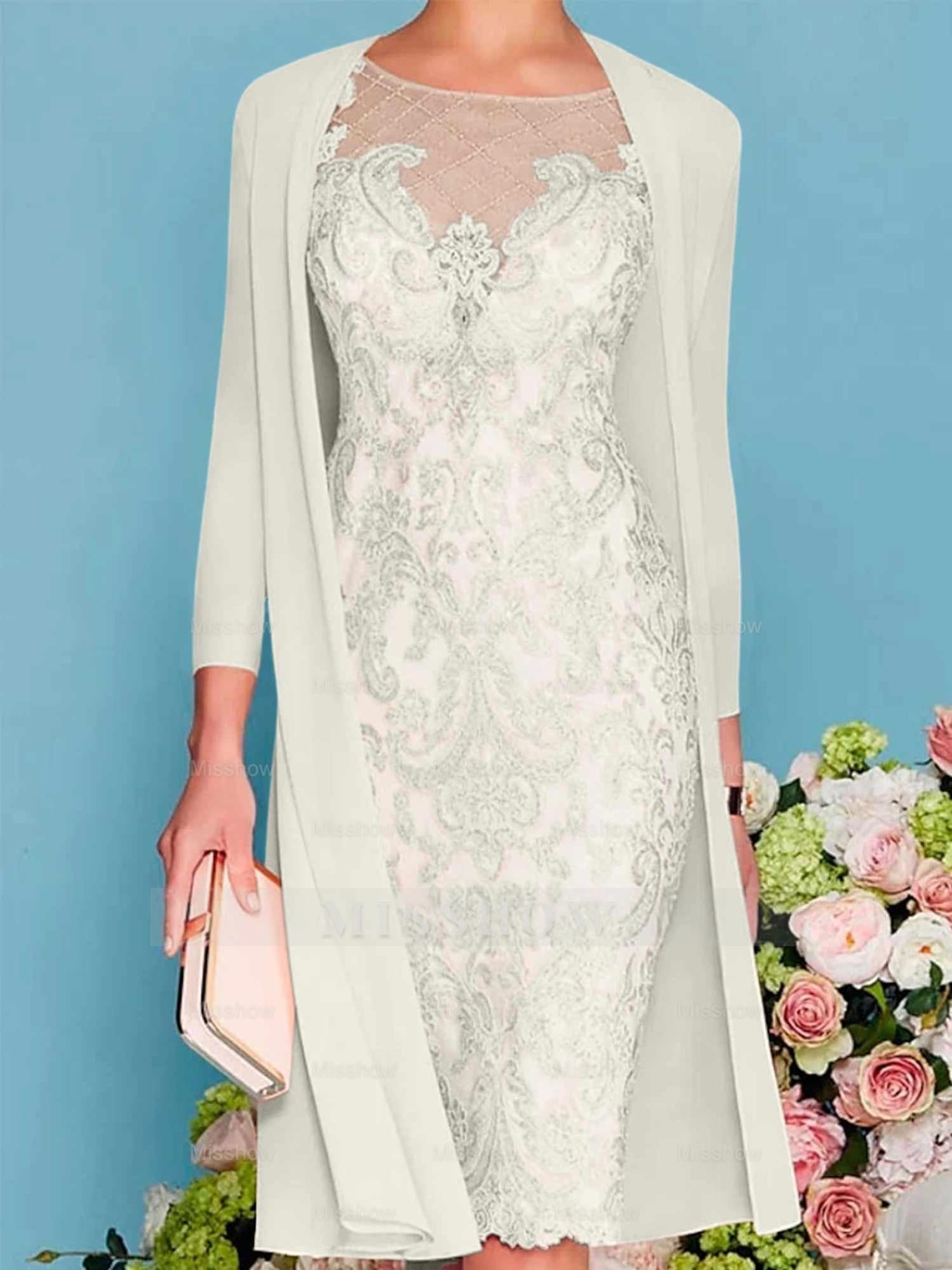 Long-Sleeve Knee-Length Sheath/Column Mother of the Bride Dress with Lace Beading Appliques