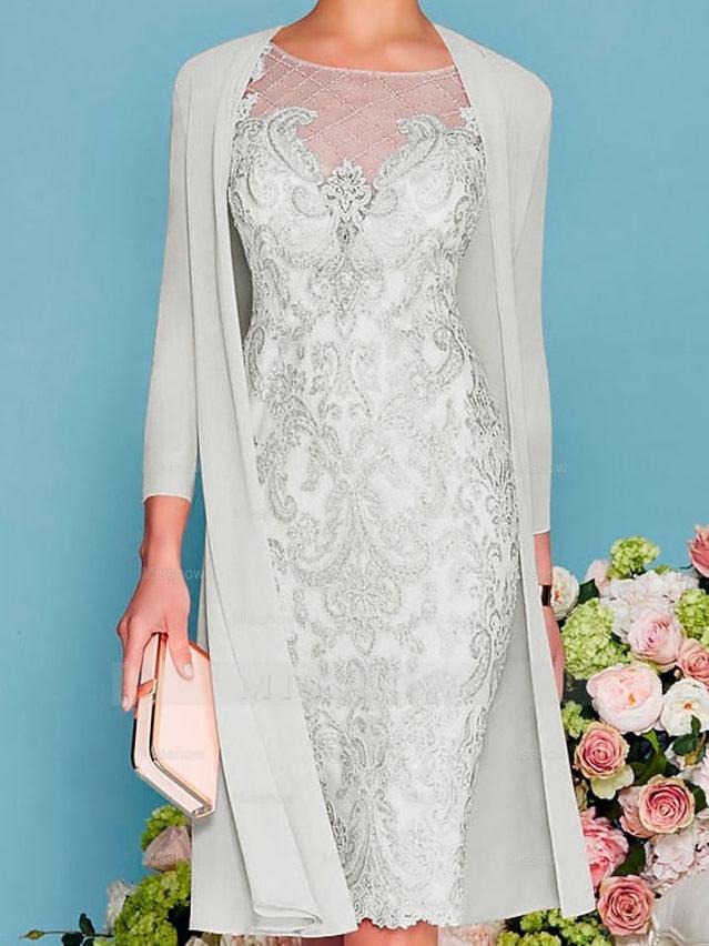 Long-Sleeve Knee-Length Sheath/Column Mother of the Bride Dress with Lace Beading Appliques