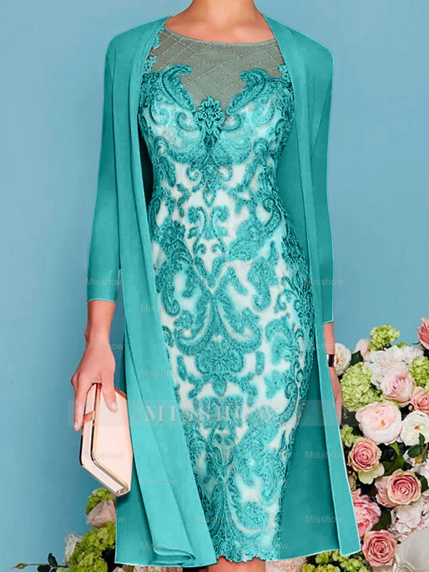 Long-Sleeve Knee-Length Sheath/Column Mother of the Bride Dress with Lace Beading Appliques