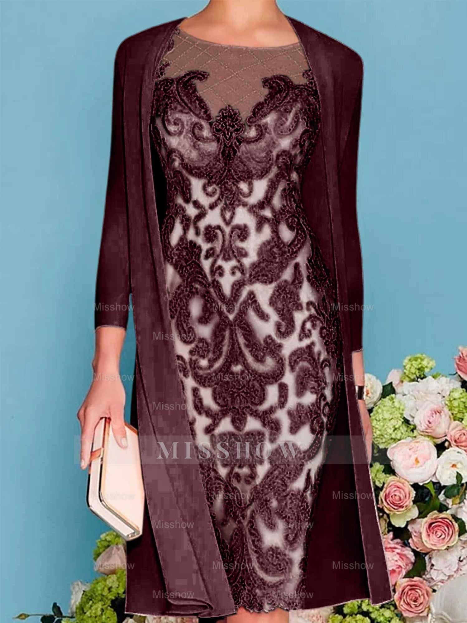 Long-Sleeve Knee-Length Sheath/Column Mother of the Bride Dress with Lace Beading Appliques