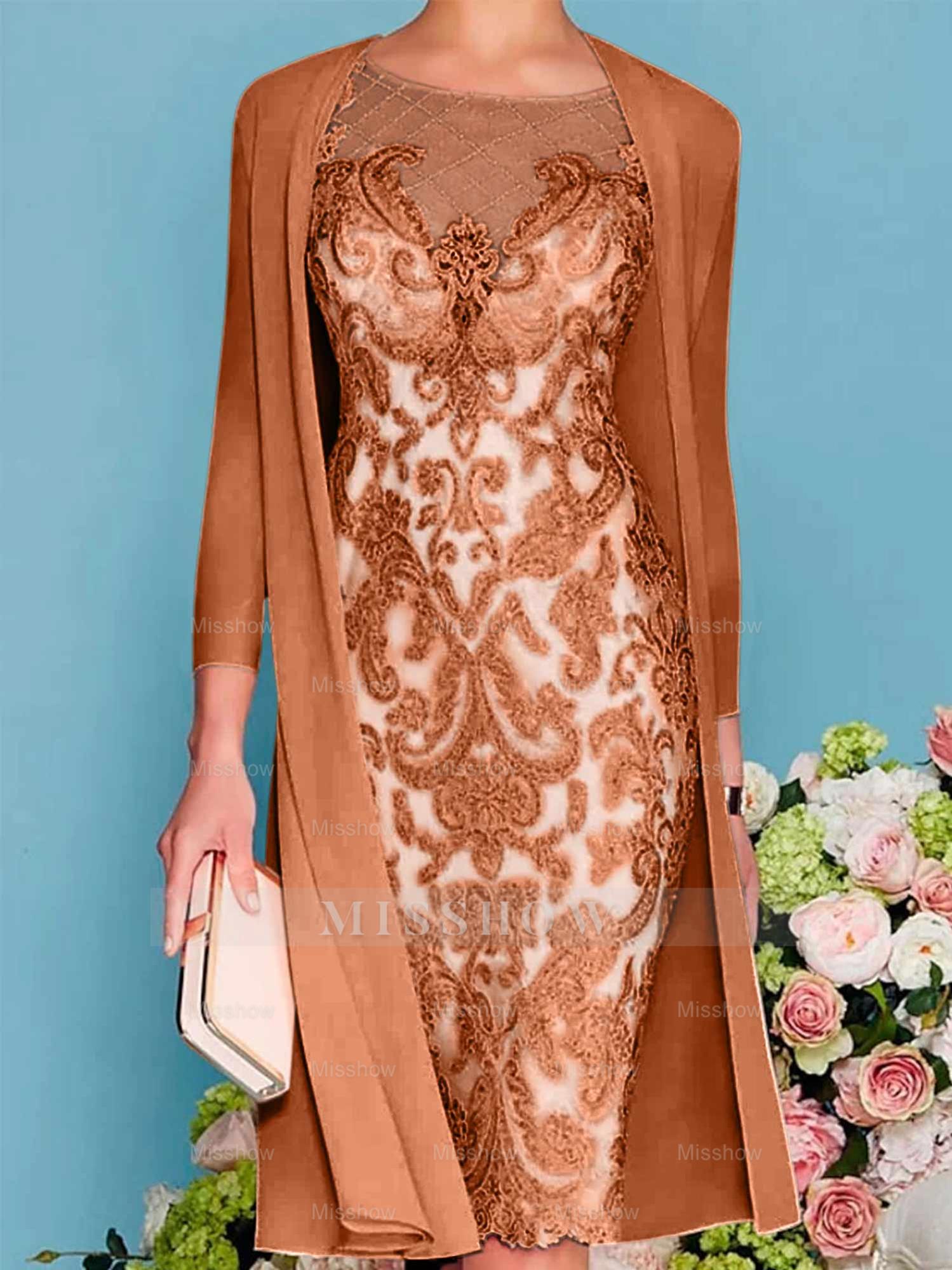 Long-Sleeve Knee-Length Sheath/Column Mother of the Bride Dress with Lace Beading Appliques