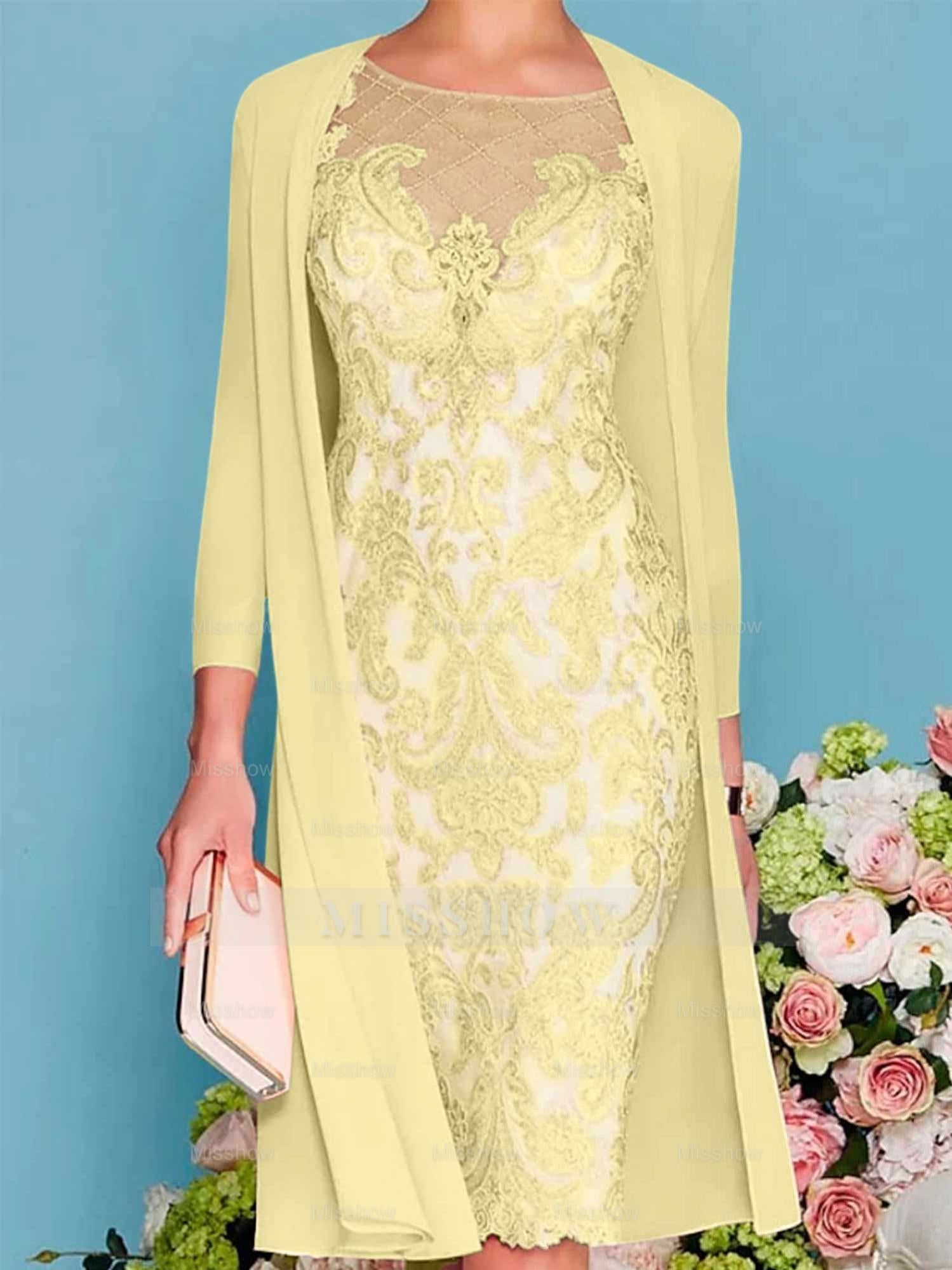 Long-Sleeve Knee-Length Sheath/Column Mother of the Bride Dress with Lace Beading Appliques