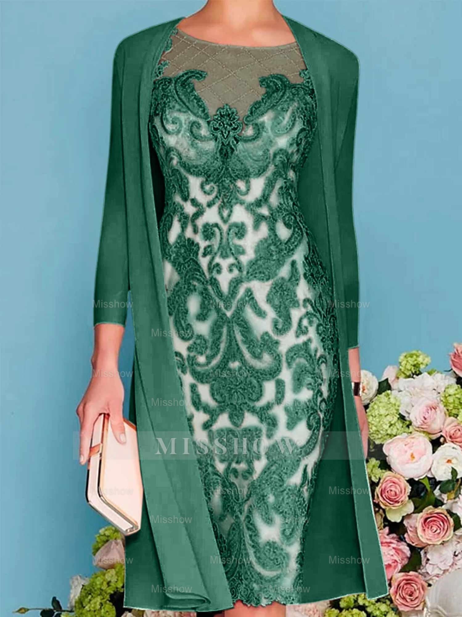 Long-Sleeve Knee-Length Sheath/Column Mother of the Bride Dress with Lace Beading Appliques