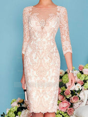 Long-Sleeve Knee-Length Sheath/Column Mother of the Bride Dress with Lace Beading Appliques