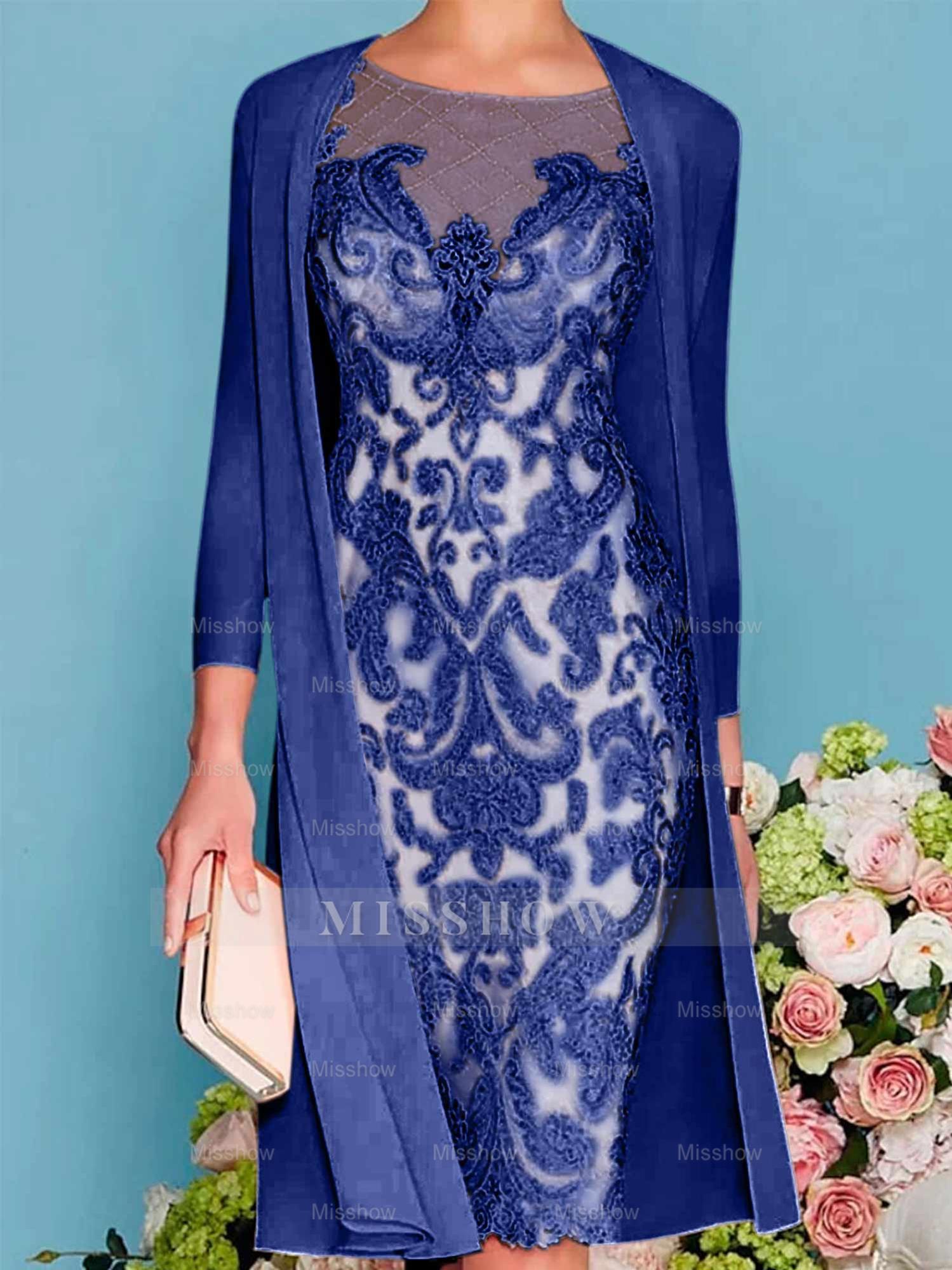 Long-Sleeve Knee-Length Sheath/Column Mother of the Bride Dress with Lace Beading Appliques
