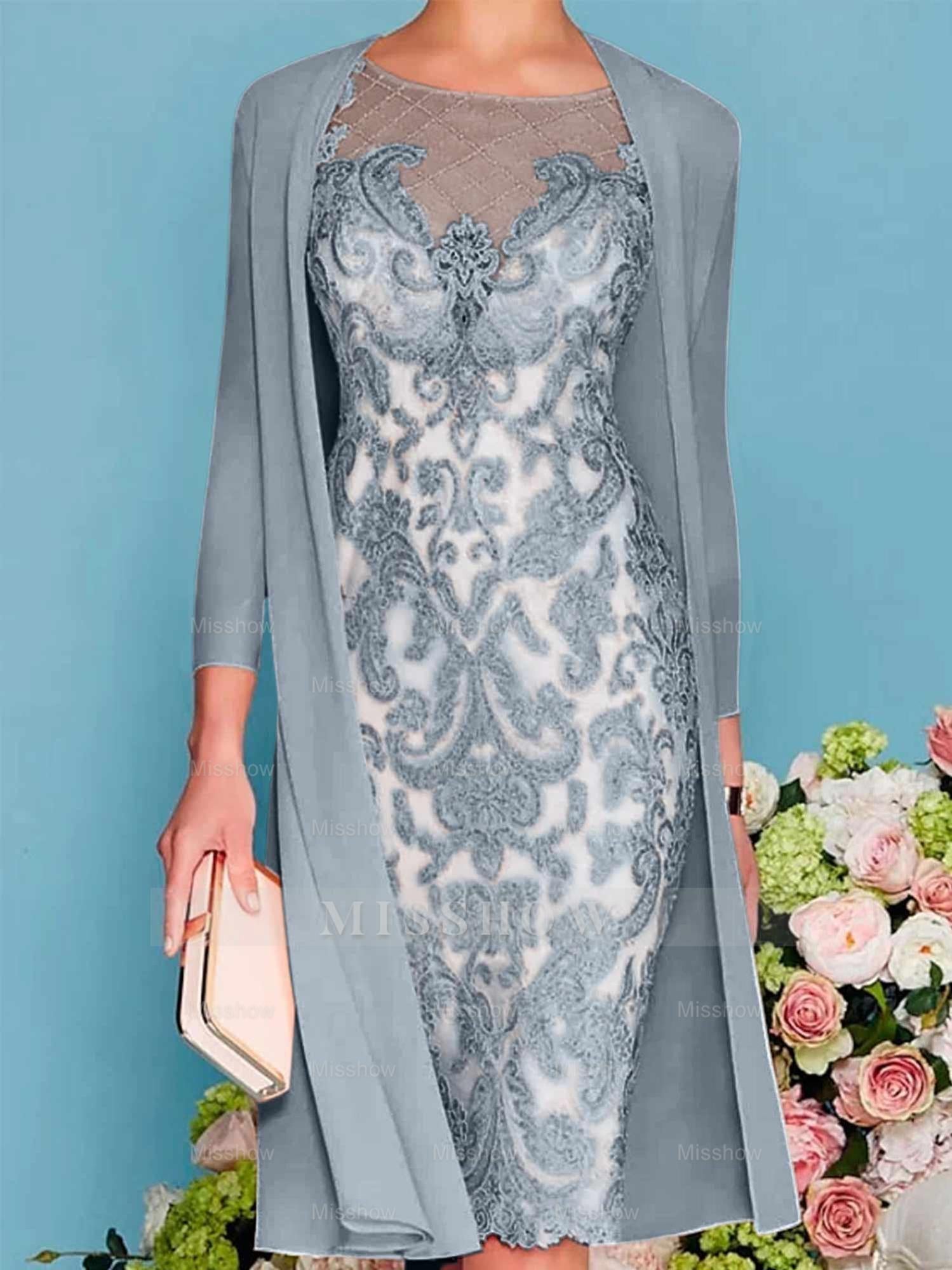 Long-Sleeve Knee-Length Sheath/Column Mother of the Bride Dress with Lace Beading Appliques