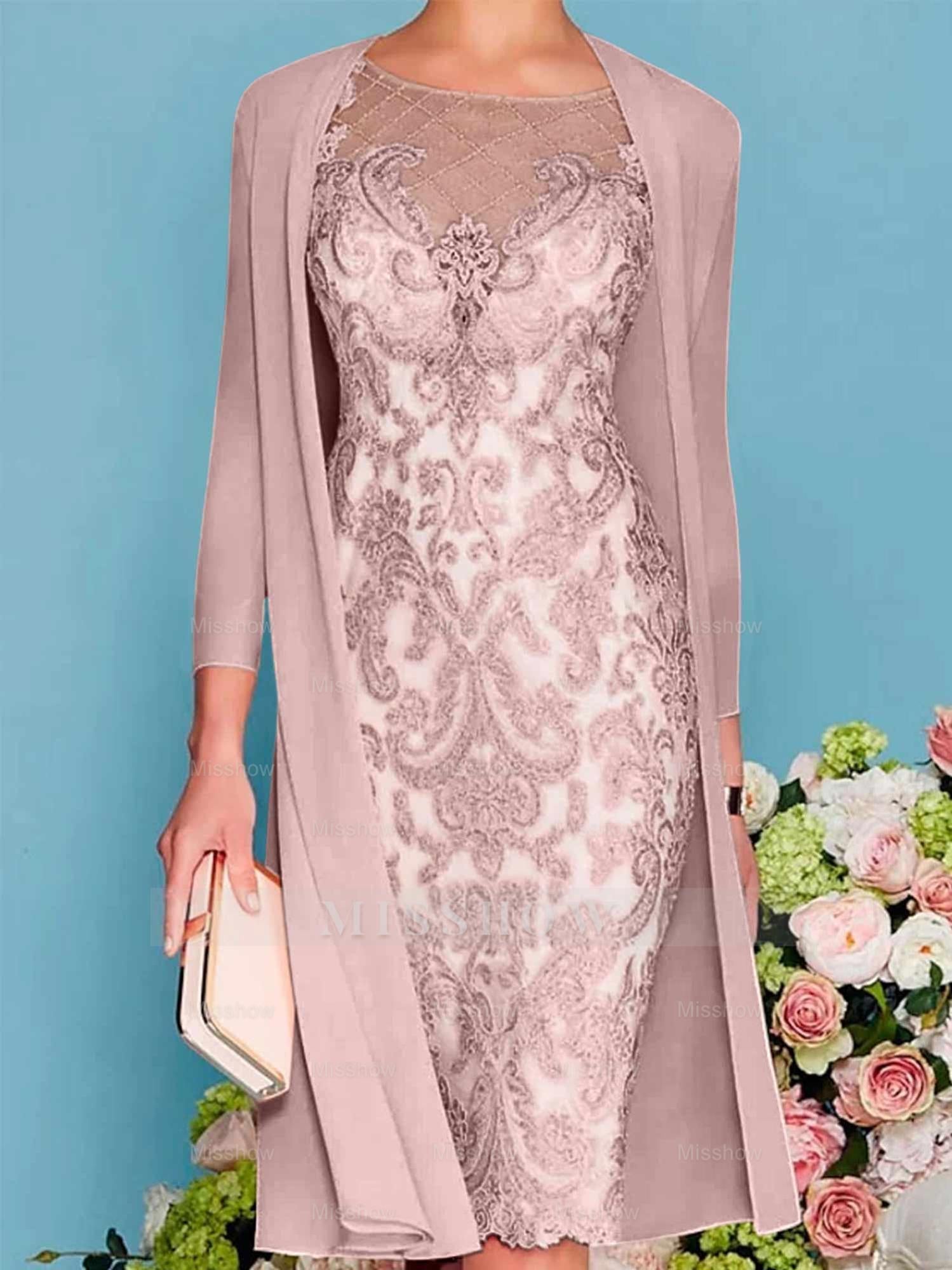 Long-Sleeve Knee-Length Sheath/Column Mother of the Bride Dress with Lace Beading Appliques