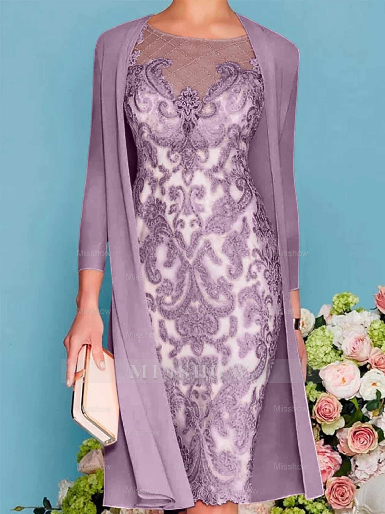 Long-Sleeve Knee-Length Sheath/Column Mother of the Bride Dress with Lace Beading Appliques