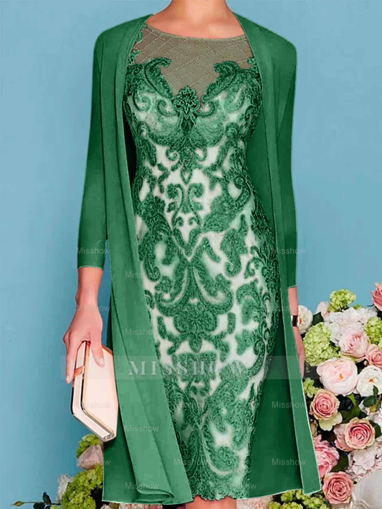 Long-Sleeve Knee-Length Sheath/Column Mother of the Bride Dress with Lace Beading Appliques