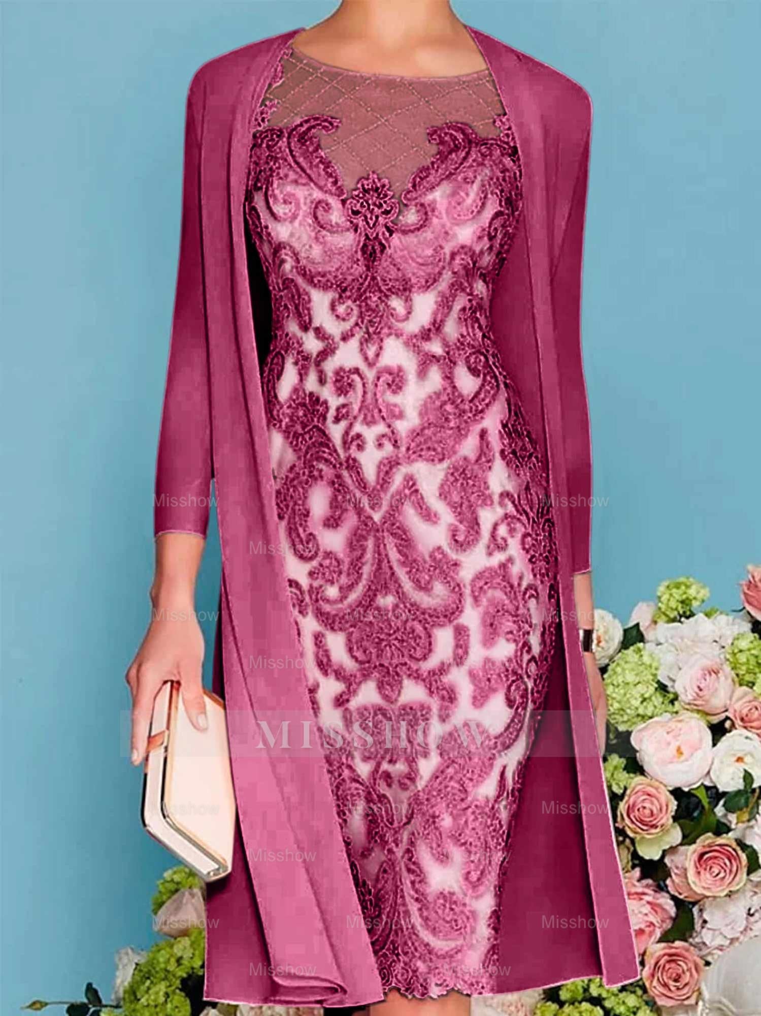 Long-Sleeve Knee-Length Sheath/Column Mother of the Bride Dress with Lace Beading Appliques