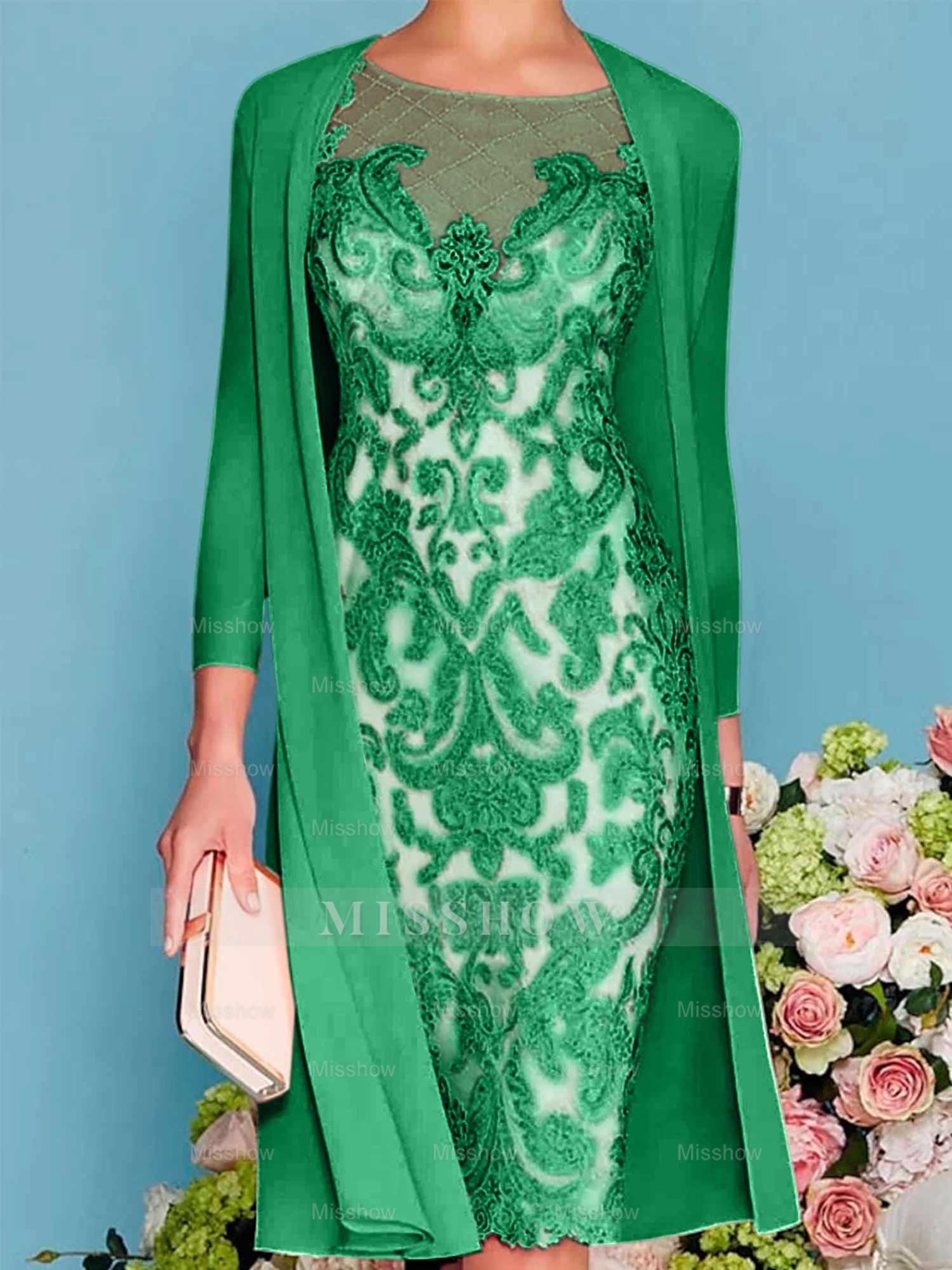 Long-Sleeve Knee-Length Sheath/Column Mother of the Bride Dress with Lace Beading Appliques