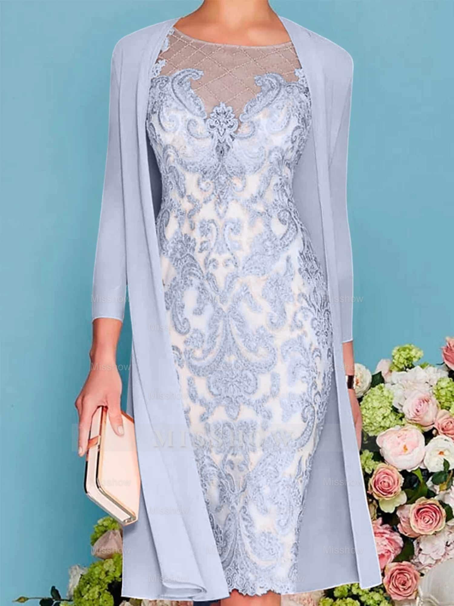 Long-Sleeve Knee-Length Sheath/Column Mother of the Bride Dress with Lace Beading Appliques