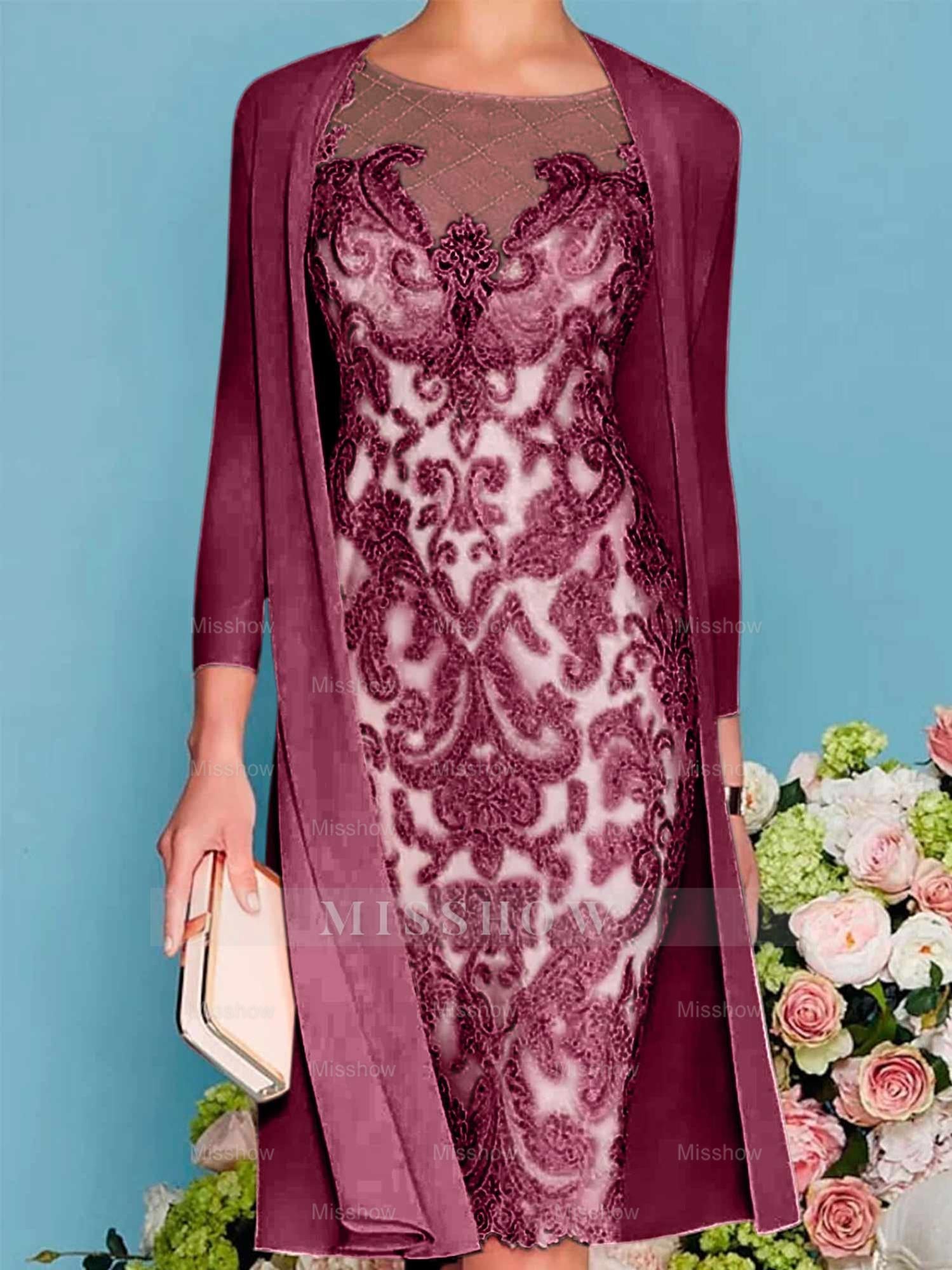 Long-Sleeve Knee-Length Sheath/Column Mother of the Bride Dress with Lace Beading Appliques