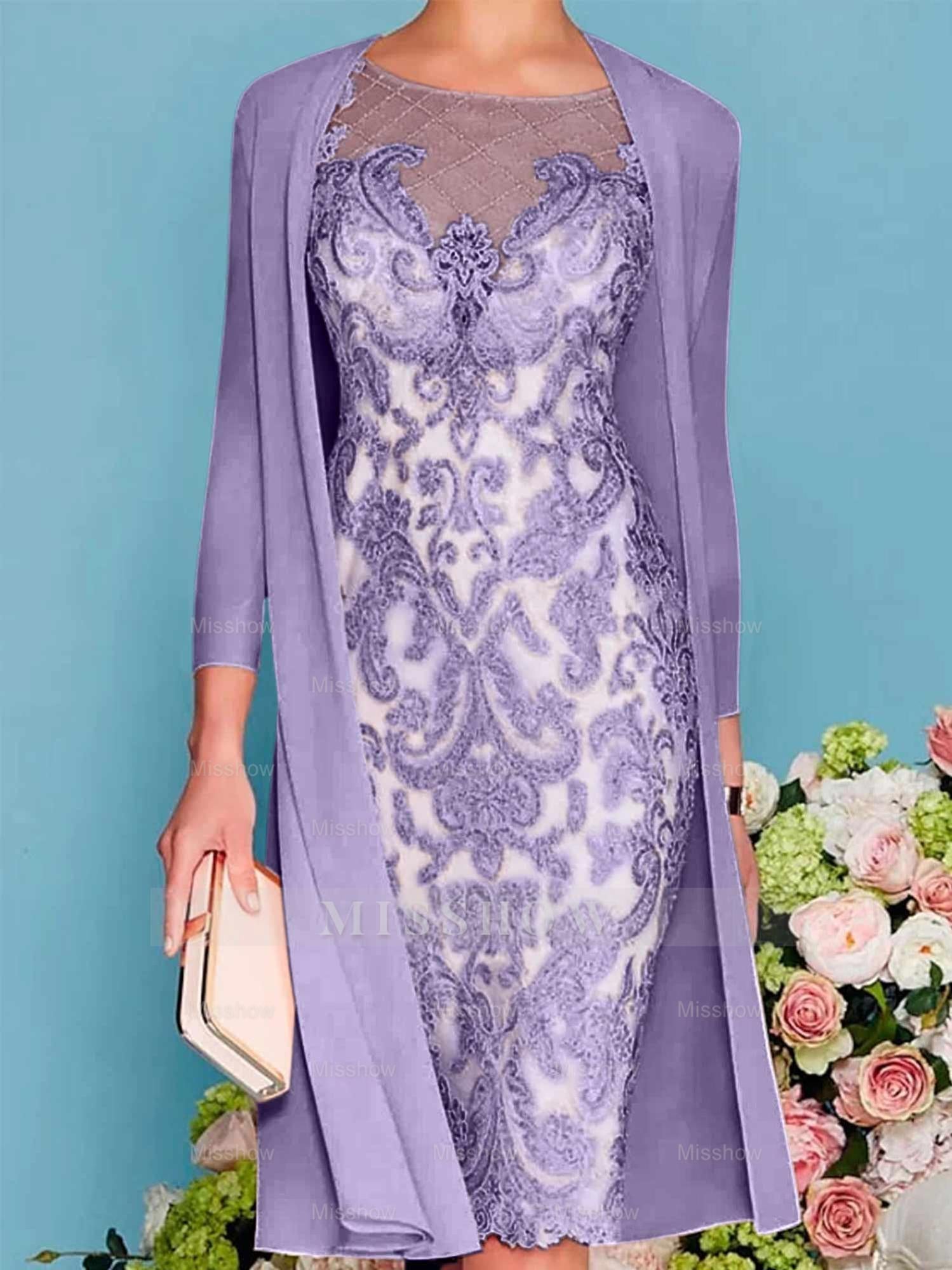 Long-Sleeve Knee-Length Sheath/Column Mother of the Bride Dress with Lace Beading Appliques