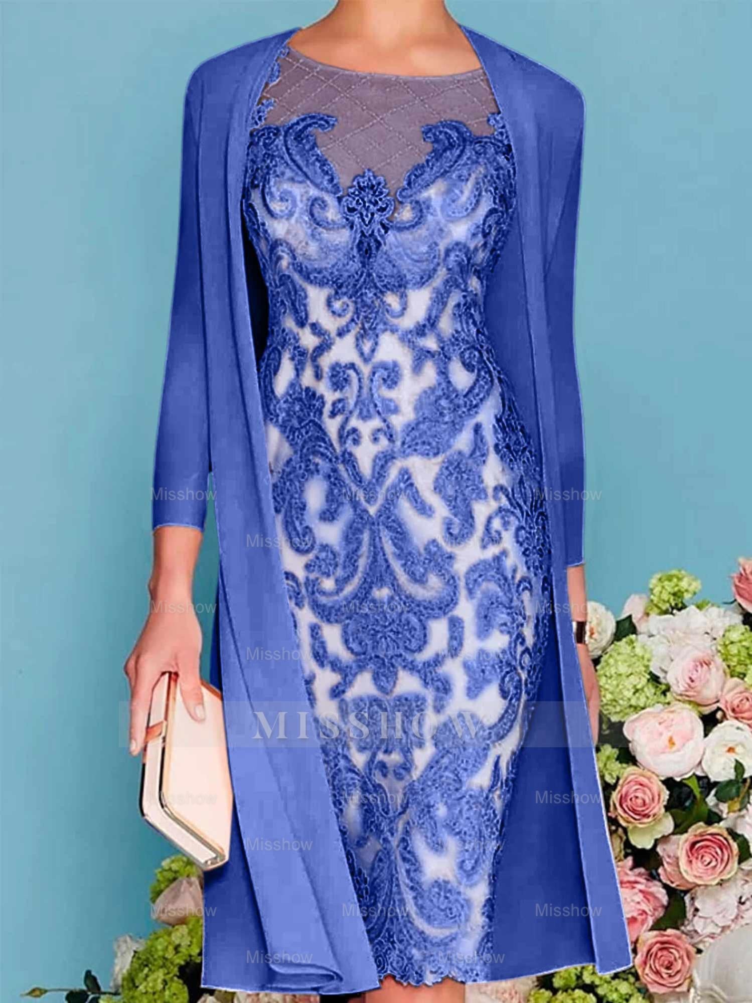 Long-Sleeve Knee-Length Sheath/Column Mother of the Bride Dress with Lace Beading Appliques