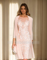 Long-Sleeve Knee-Length Sheath/Column Mother of the Bride Dress with Lace Beading Appliques