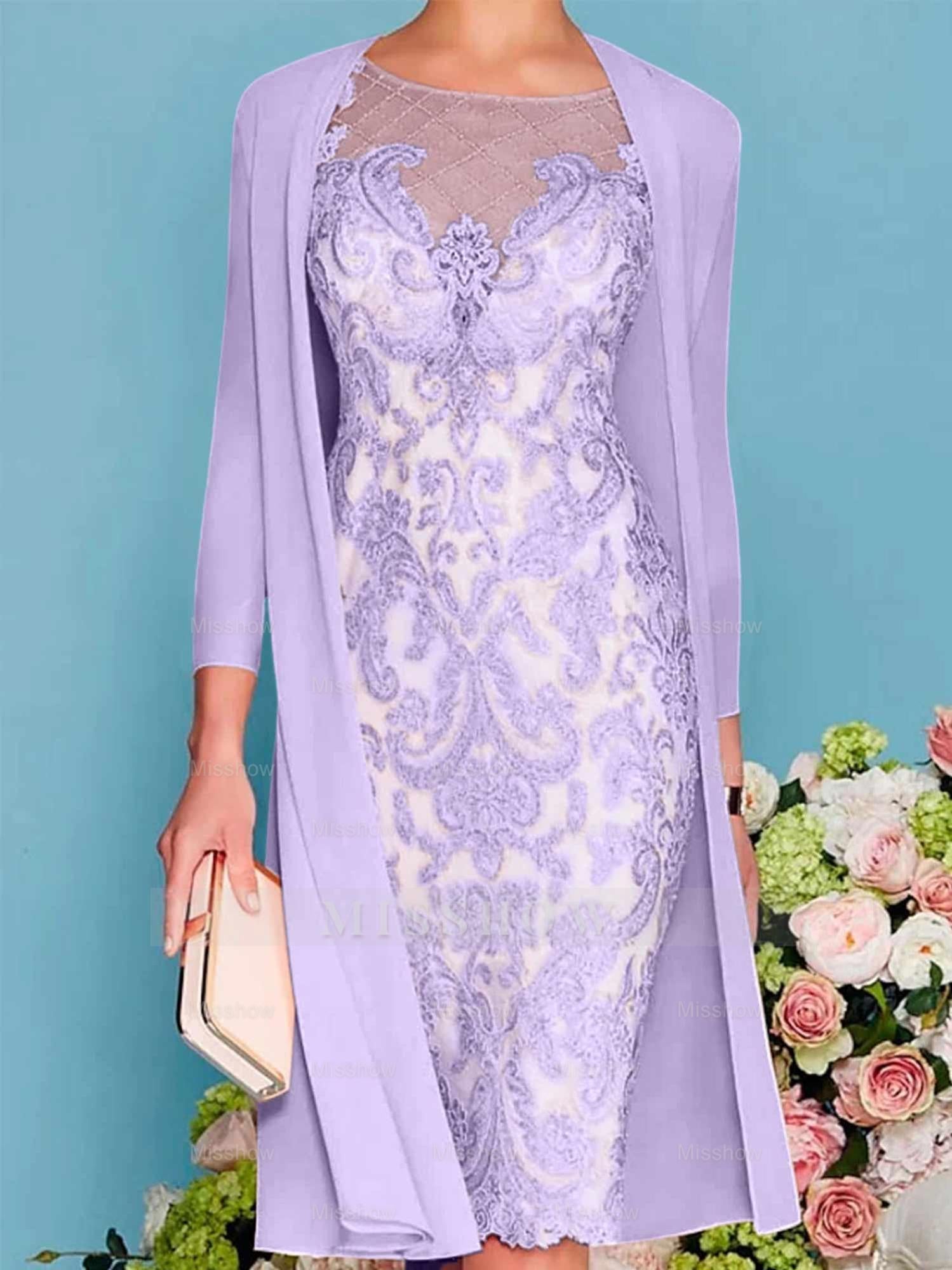 Long-Sleeve Knee-Length Sheath/Column Mother of the Bride Dress with Lace Beading Appliques