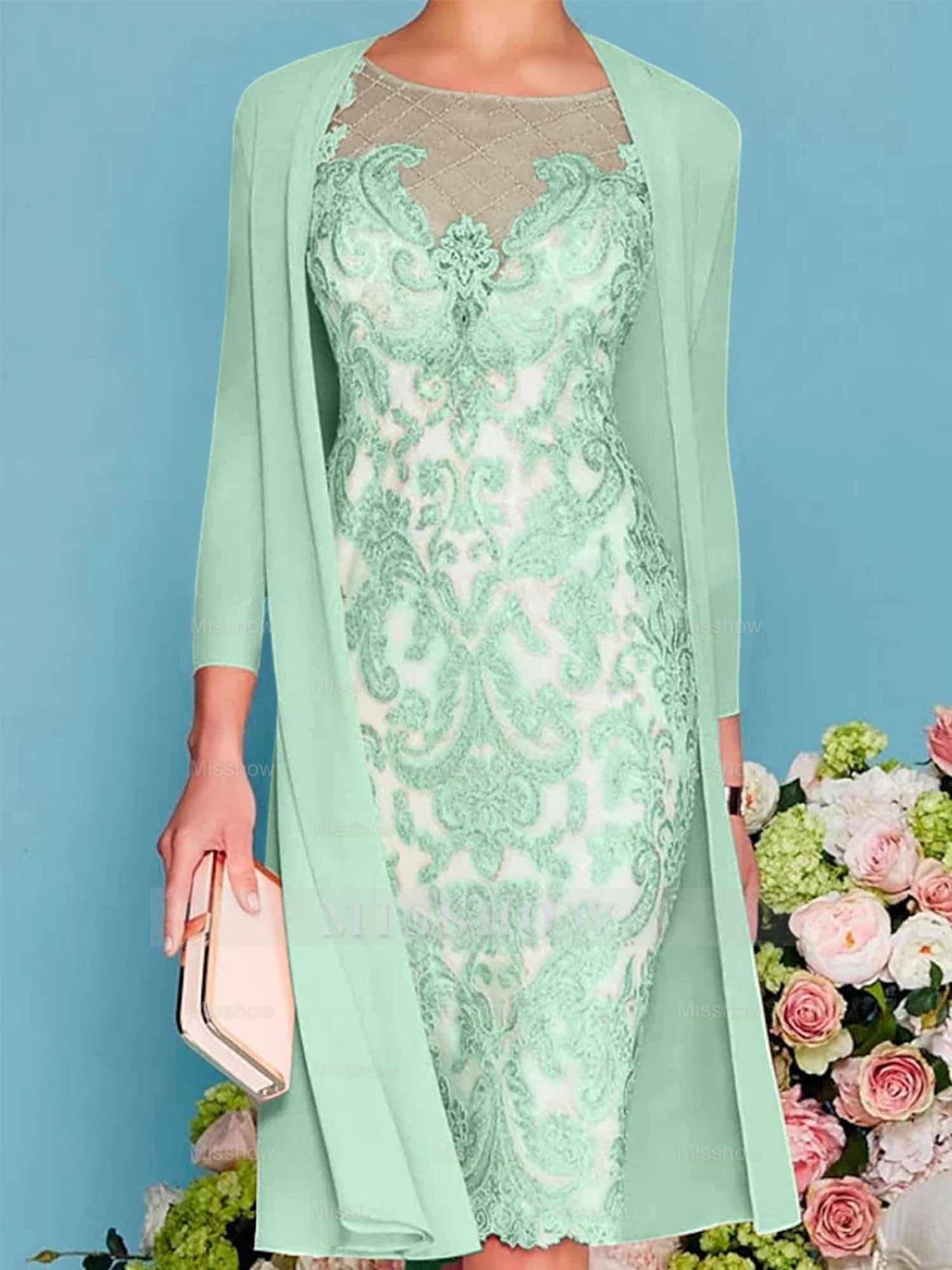 Long-Sleeve Knee-Length Sheath/Column Mother of the Bride Dress with Lace Beading Appliques