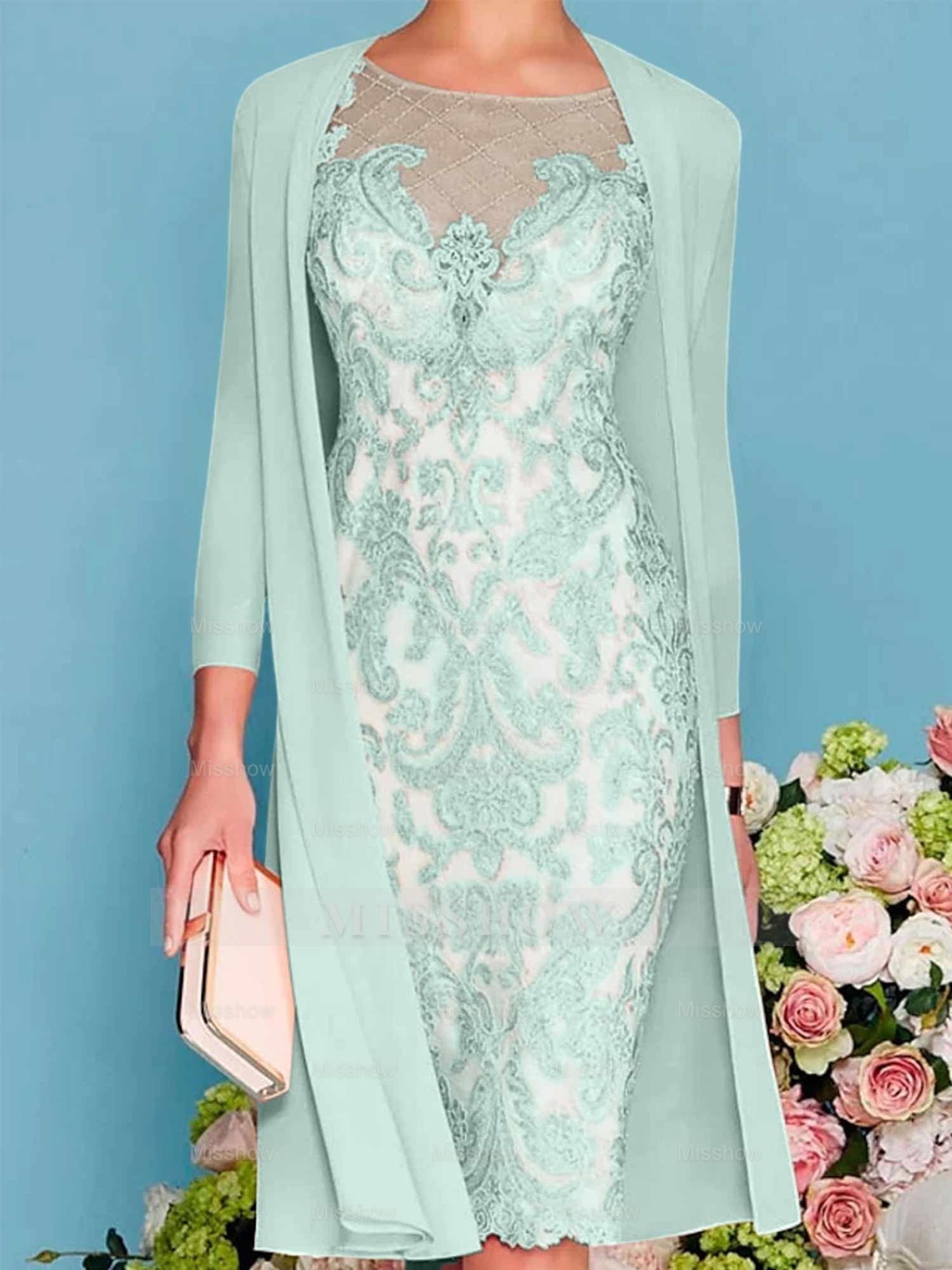 Long-Sleeve Knee-Length Sheath/Column Mother of the Bride Dress with Lace Beading Appliques