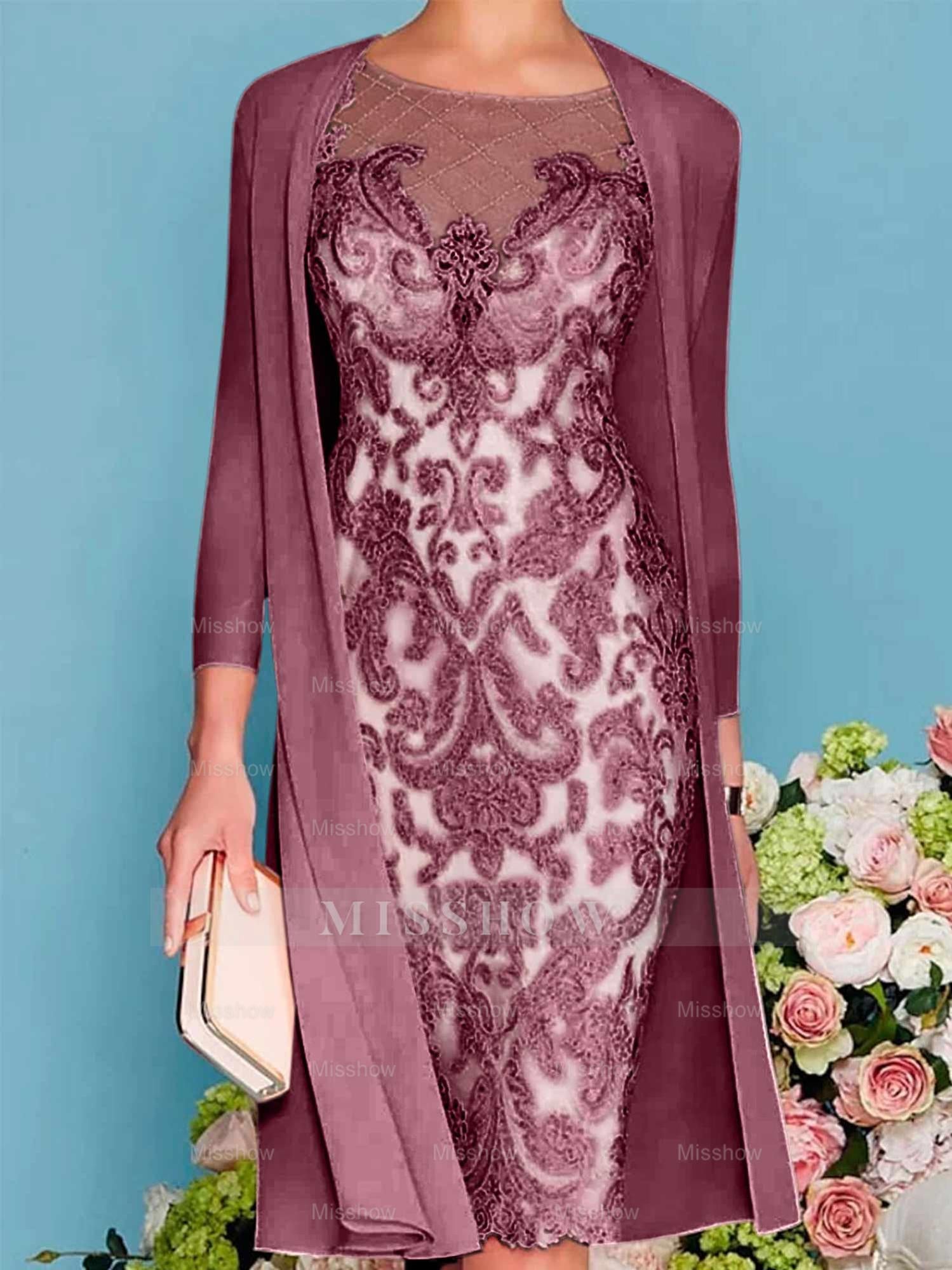 Long-Sleeve Knee-Length Sheath/Column Mother of the Bride Dress with Lace Beading Appliques