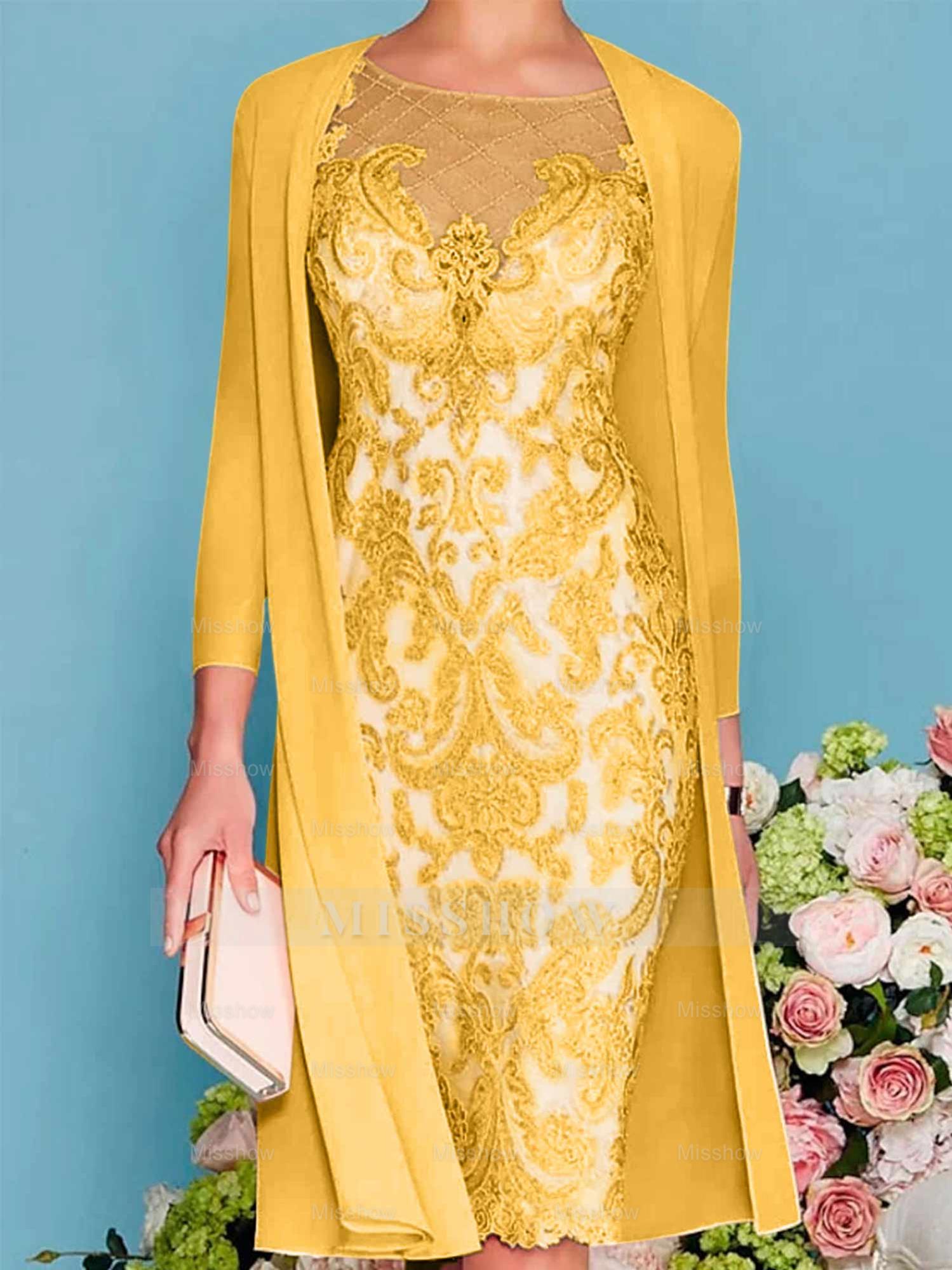 Long-Sleeve Knee-Length Sheath/Column Mother of the Bride Dress with Lace Beading Appliques