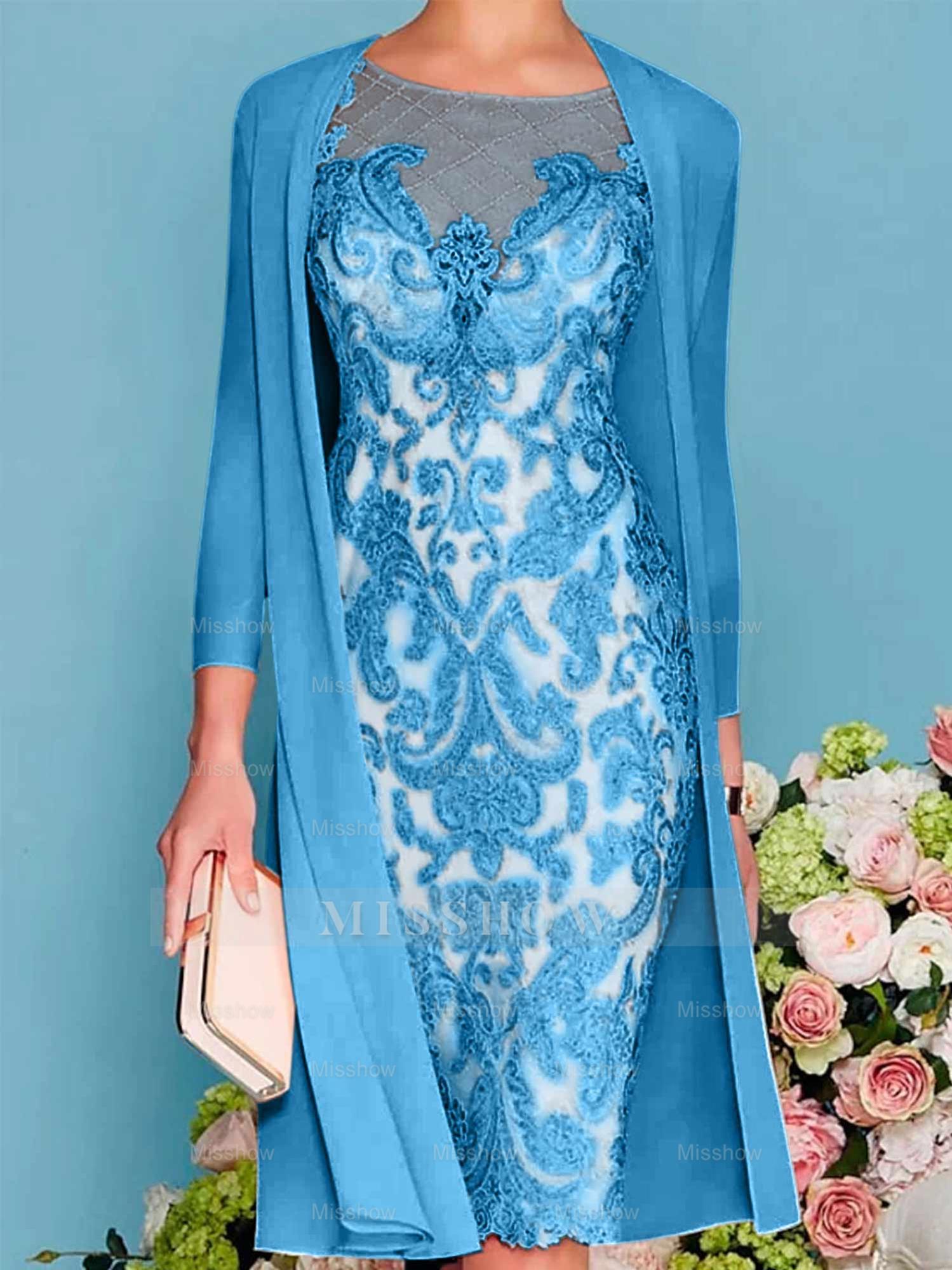 Long-Sleeve Knee-Length Sheath/Column Mother of the Bride Dress with Lace Beading Appliques