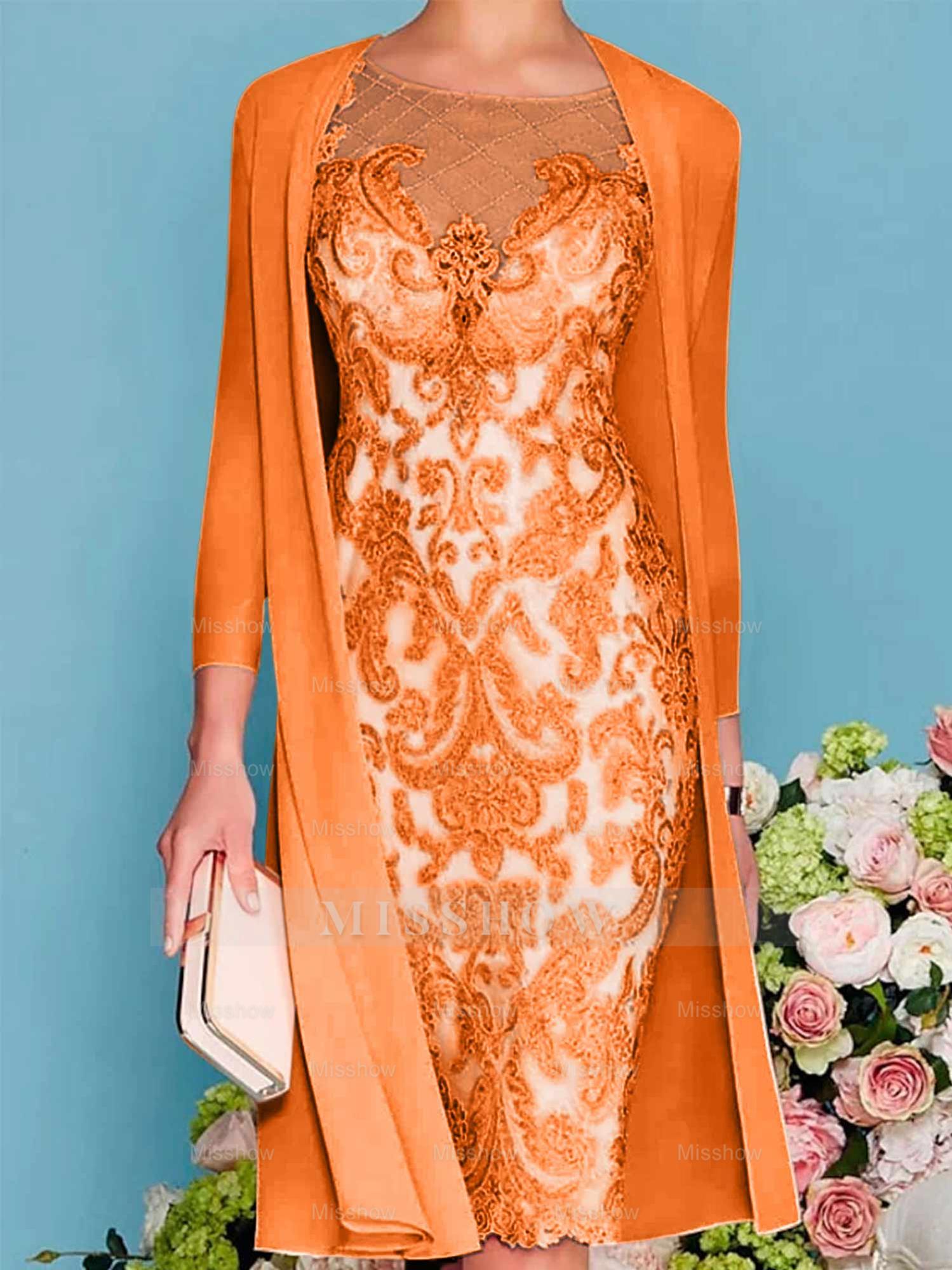 Long-Sleeve Knee-Length Sheath/Column Mother of the Bride Dress with Lace Beading Appliques