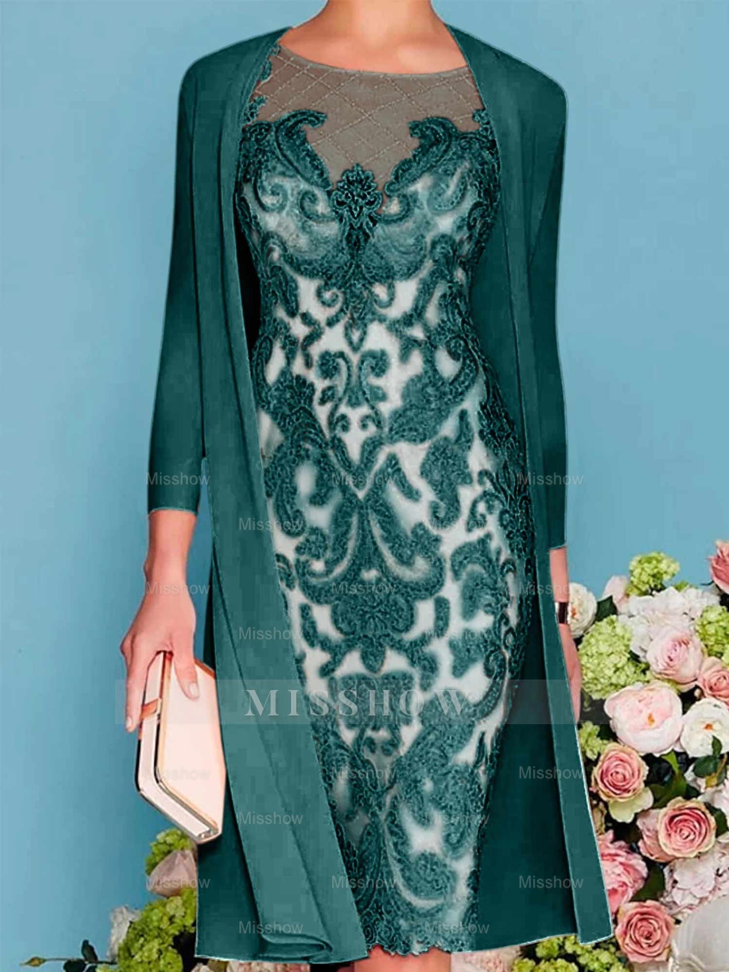 Long-Sleeve Knee-Length Sheath/Column Mother of the Bride Dress with Lace Beading Appliques