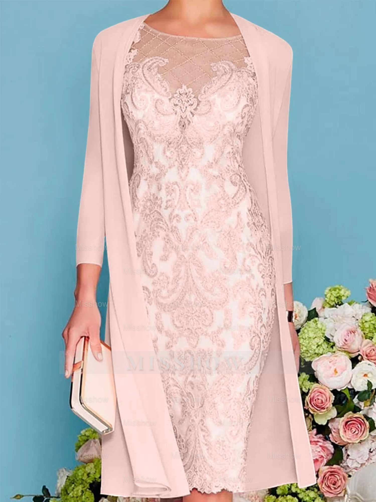 Long-Sleeve Knee-Length Sheath/Column Mother of the Bride Dress with Lace Beading Appliques