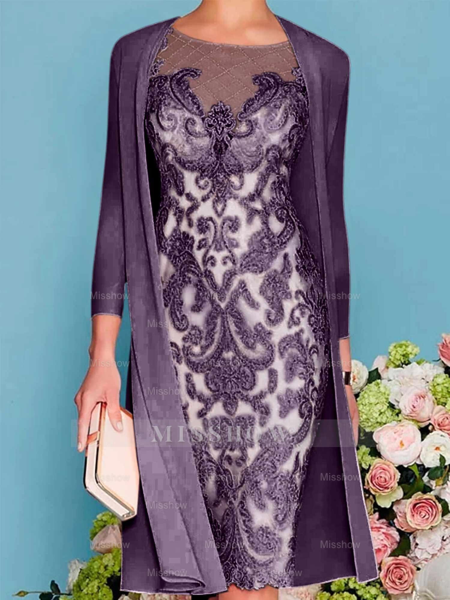 Long-Sleeve Knee-Length Sheath/Column Mother of the Bride Dress with Lace Beading Appliques