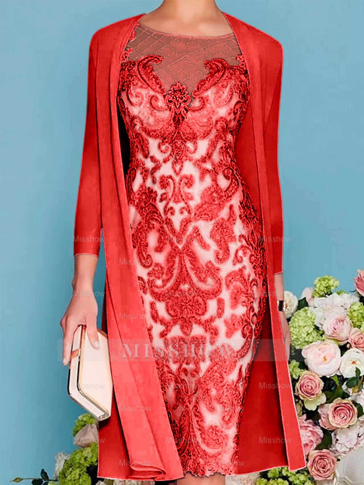 Long-Sleeve Knee-Length Sheath/Column Mother of the Bride Dress with Lace Beading Appliques