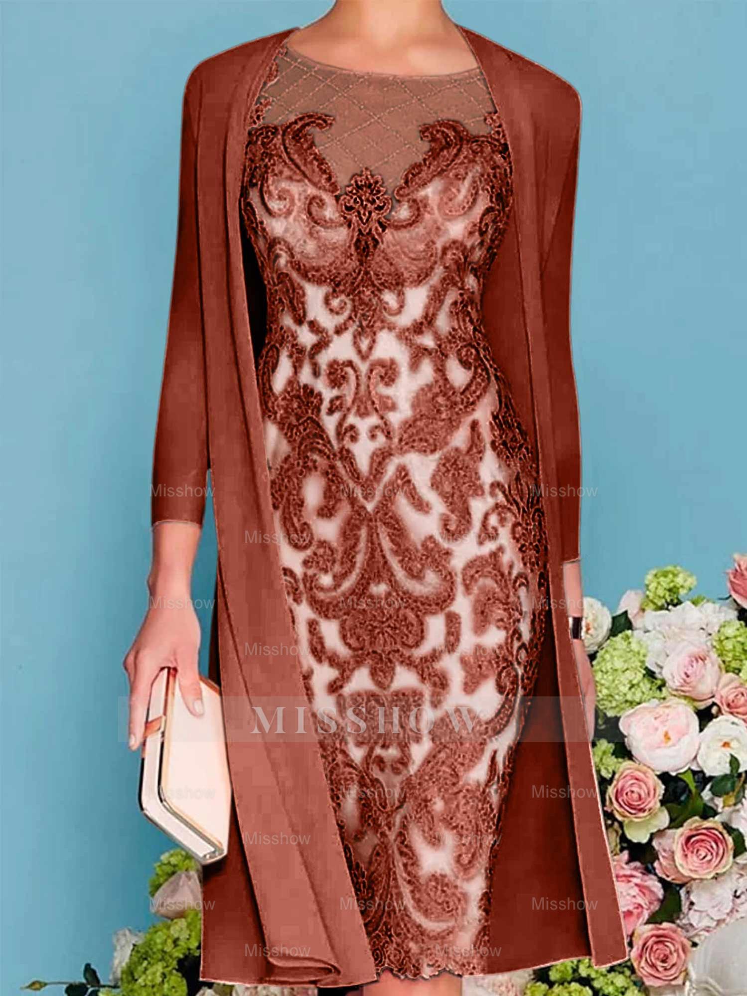 Long-Sleeve Knee-Length Sheath/Column Mother of the Bride Dress with Lace Beading Appliques
