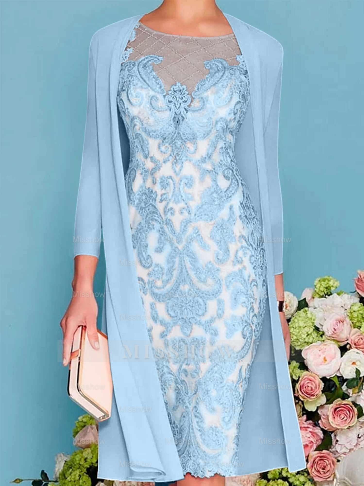 Long-Sleeve Knee-Length Sheath/Column Mother of the Bride Dress with Lace Beading Appliques