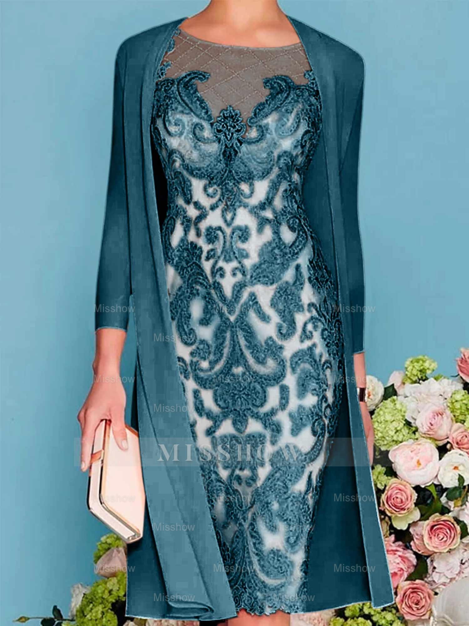 Long-Sleeve Knee-Length Sheath/Column Mother of the Bride Dress with Lace Beading Appliques