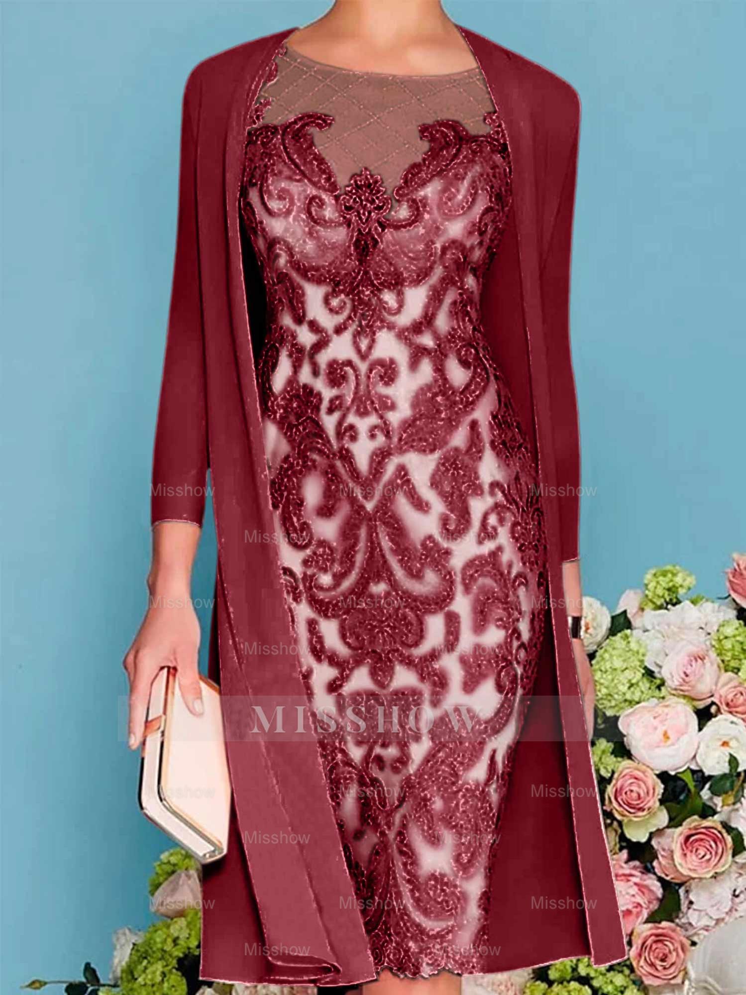 Long-Sleeve Knee-Length Sheath/Column Mother of the Bride Dress with Lace Beading Appliques