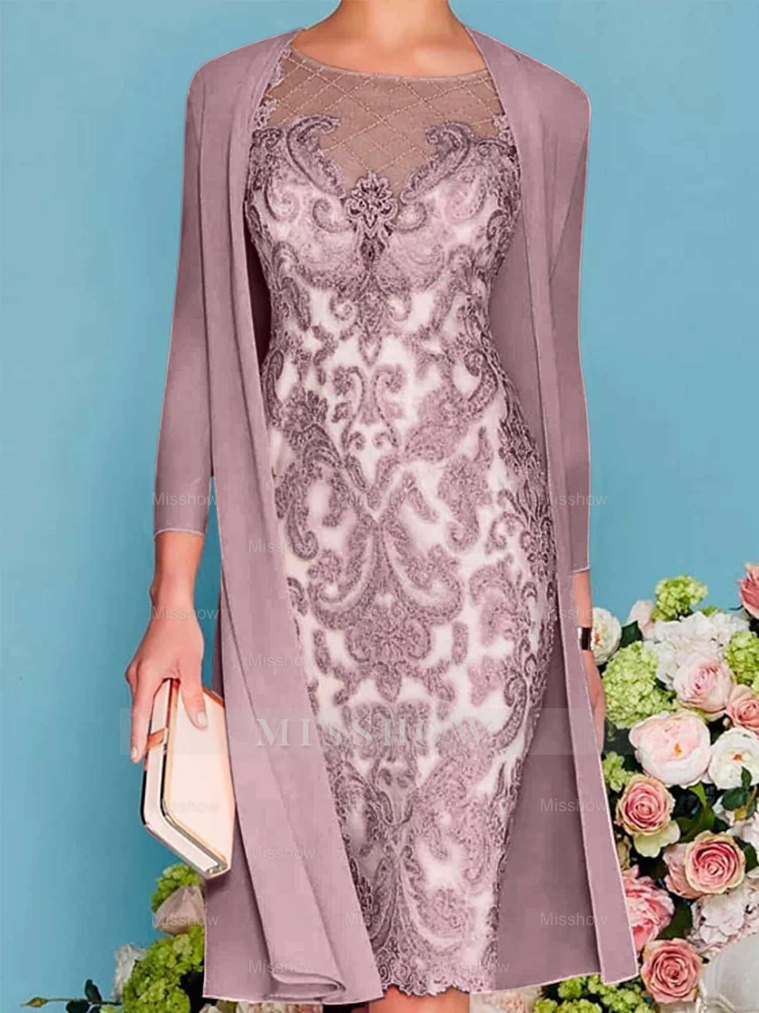 Long-Sleeve Knee-Length Sheath/Column Mother of the Bride Dress with Lace Beading Appliques