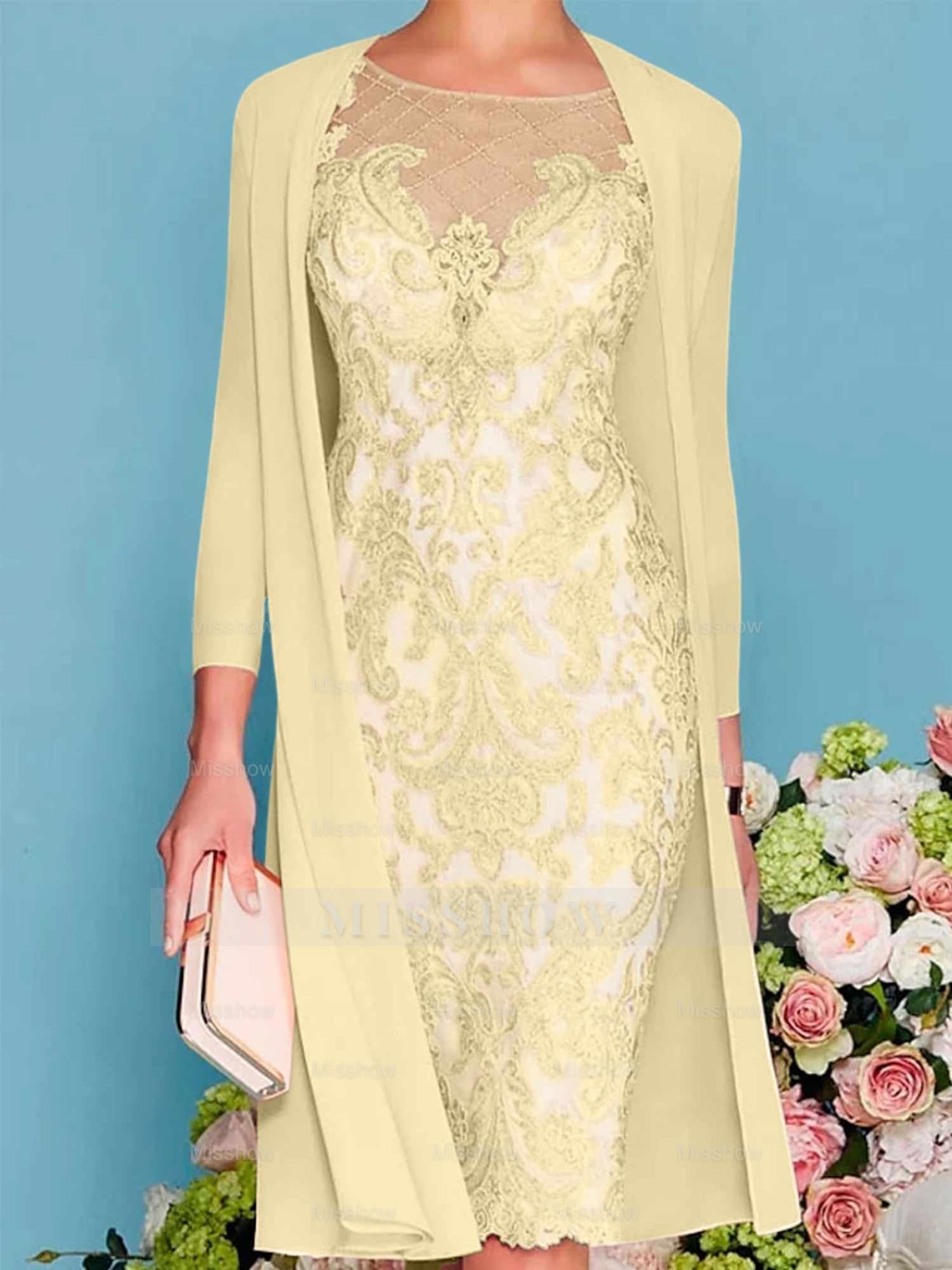 Long-Sleeve Knee-Length Sheath/Column Mother of the Bride Dress with Lace Beading Appliques