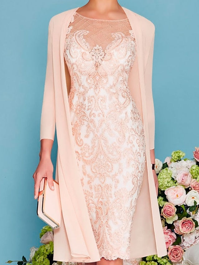 Long-Sleeve Knee-Length Sheath/Column Mother of the Bride Dress with Lace Beading Appliques