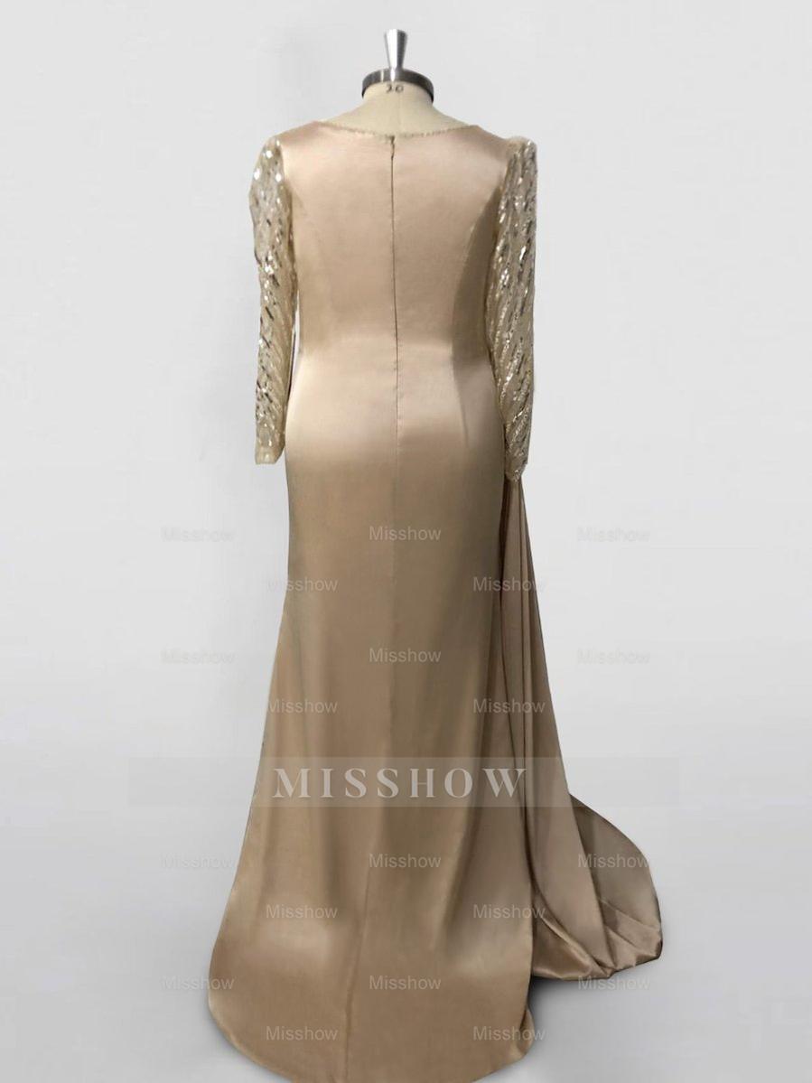 Long Sleeve Satin Prom Dress with Mermaid Train Jewel Neck and Ruched Slit