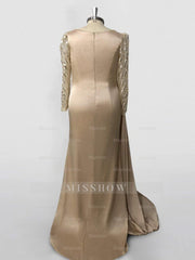 Long Sleeve Satin Prom Dress with Mermaid Train Jewel Neck and Ruched Slit
