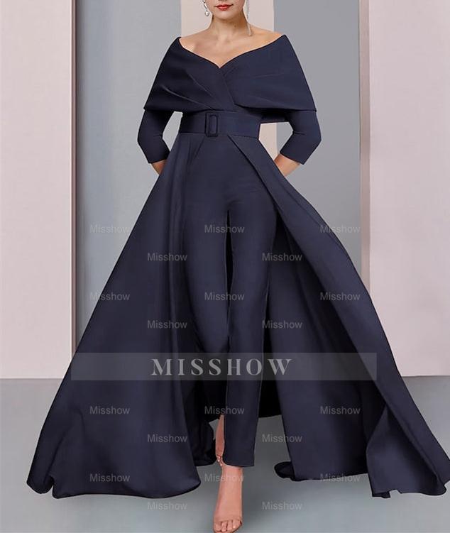 Long-Sleeve Scoop Neck Pantsuit for the Mother of the Bride Featuring a Belt