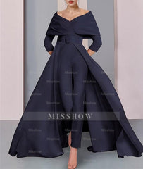 Long-Sleeve Scoop Neck Pantsuit for the Mother of the Bride Featuring a Belt