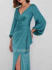 Long Sleeve V-Neck A-Line Wedding Guest Dress in Charmeuse with Ruched Detail
