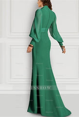 Long Sleeve V-Neck Chiffon Mother of the Bride Dress with Mermaid Train and Strappy Slit